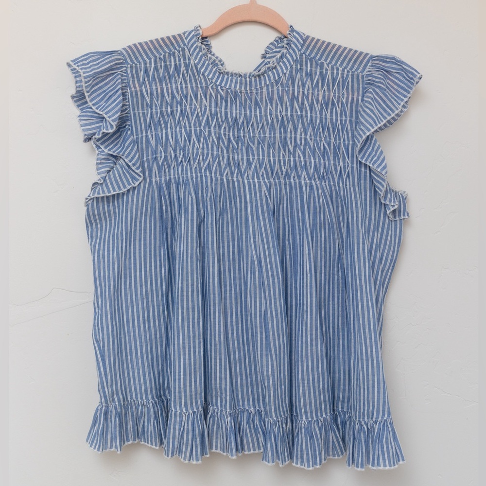 NWOT Anthropologie Size L Ruffled Back Tie Blue Blouse